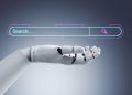 robot hand holding a search bar