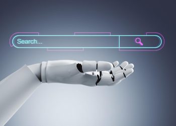 robot hand holding a search bar