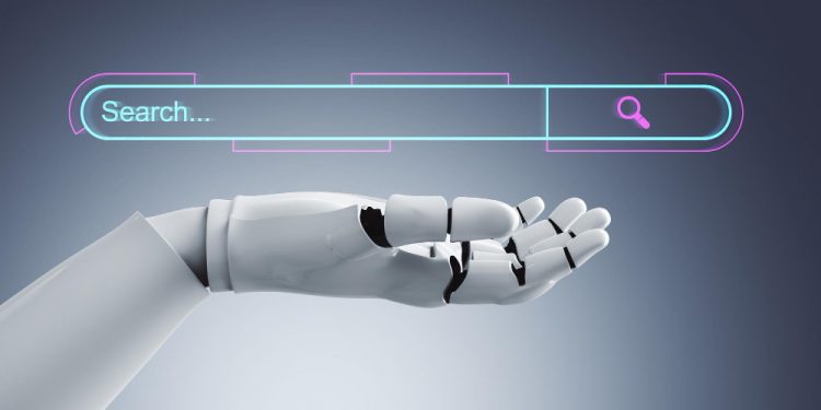 robot hand holding a search bar